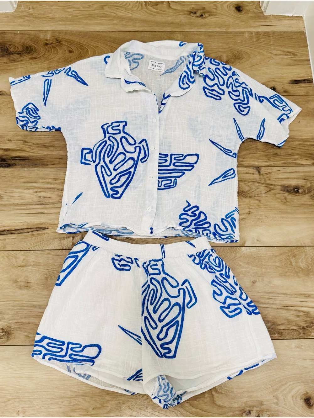 SABO comfy White & Blue Turtle Print Short Set 100% cotton